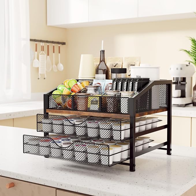Coffee Bar Organizer - Coffee Station for Countertop, Metal and Wood K Cup holder Storage Basket for Coffee Pods, Syrup, Cups, Stirrer, Coffee Condiment, Tea Organizer, Black and Brown - Image 3