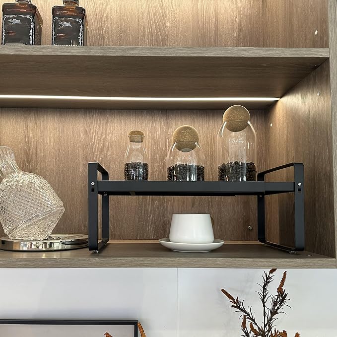 Set of 2 Black Kitchen Countertop Shelves, Expandable Cabinet Shelf Organizers, Stackable Metal Pantry Storage Shelves for Spice Rack, Cupboard - Image 4