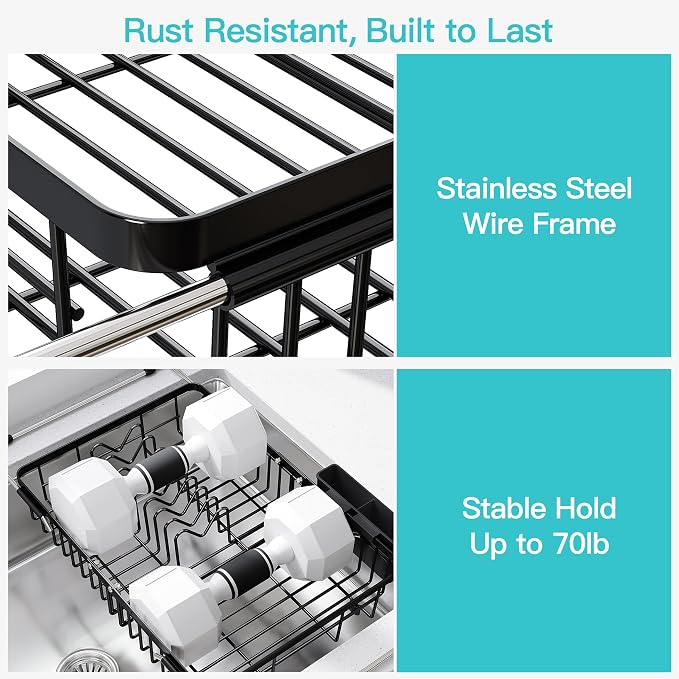 JASIWAY Black Dish Drying Rack Over the Sink with Utensil Holder | Expandable Stainless Steel Dish Driainers for Small Kitchen, Counter Space Saving, Fast Drain, Rust Resistant, For Apartment - Image 5