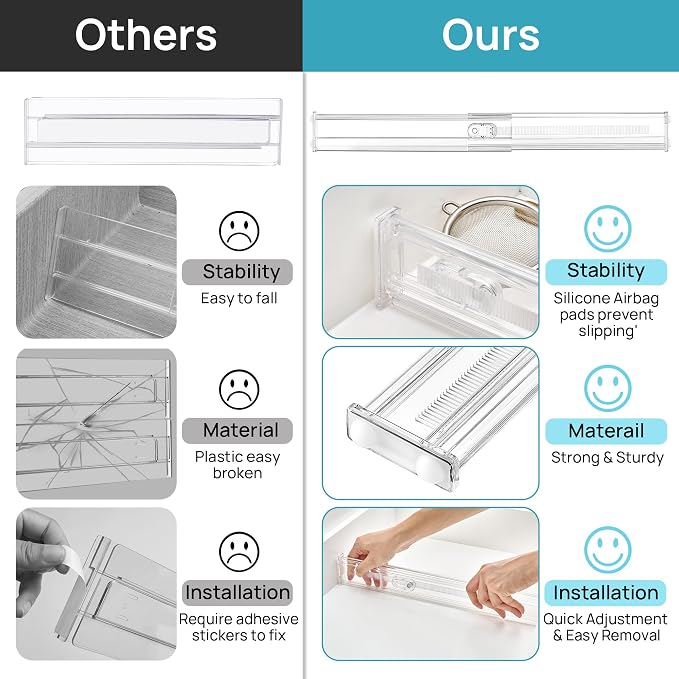 Vtopmart 4 Pack 2.36" Short Upgrade Drawer Dividers for Kitchen Drawer, 12.8"-22.3" Expandable Kitchen Drawer Organizer, Clear Plastic Organizer Separator for Flatware, Utensil, Cutlery, Underwear - Image 7
