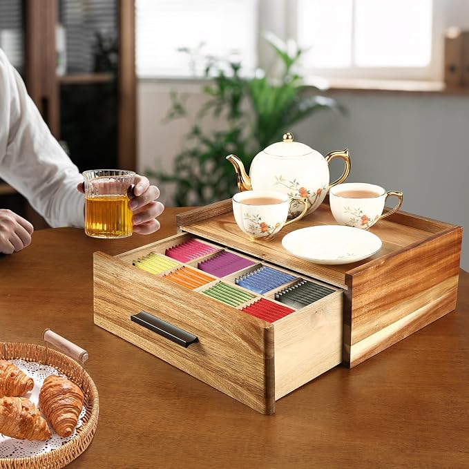 Acacia Wood Tea Bag Organizer - 12-Compartment Capacity Tea Box Organizer Storage Box with Drawer, Tea Accessories for Tea Bags Storage Drawer, Tea Station for Countertop - Image 7