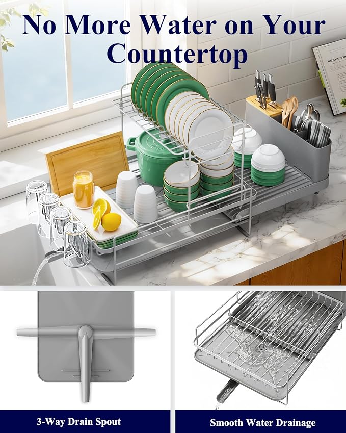 Kitsure Extendable Dish Drying Rack, 19.2"-26.7" L x 12.9" W, 2-Tier | Large Dish Rack, Multifunctional Dish Rack for Kitchen Counter, Anti-Rust Dish Drainers with Cutlery & Cup Holders,Grey - Image 3