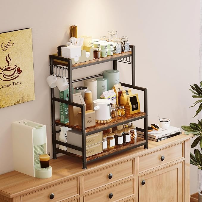 23.6"W Large Kitchen Countertop Organizer,3 Tier Spice Rack Organizer with Adjustable Shelf and 10 Hooks,Wooden Counter Organizer,Space Saving Countertop Shelf Microwave Stand for Kitchen,Coffee Bar - Image 4