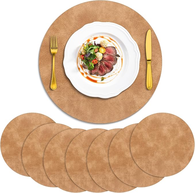 ADRIMER Placemats, Heat Resistant Round Placemats Set of 8 Washable, Waterproof Table Mats, Wipeable Faux Leather Place Mats for Kitchen, Dining Room, Camel by Adrimersdreamistobeanindispensablecompanioninyourlife
