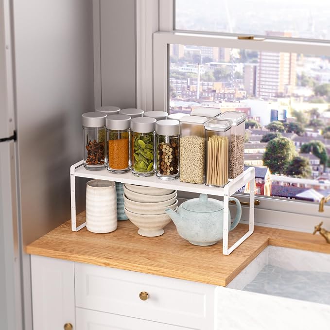 SANNO Expandable Kitchen Shelf Organizers, Stacking Shelf Large Kitchen Cupboard Organizer Stackable Counter Shelf Organizer large Expandable Shelves, White 3 pack - Image 8