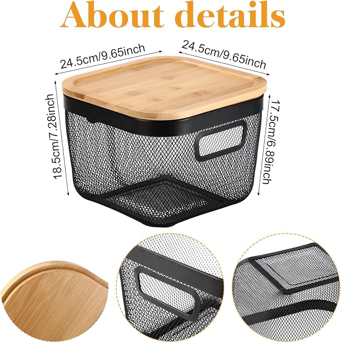 4 Pack Stackable Wire Baskets for Pantry Organizers Kitchen Storage Metal Baskets with Bamboo Lids 10"x10"x7" Vegetable Fruit Basket Produce Potato Onion Storage Bin for Kitchen Countertop - Image 2