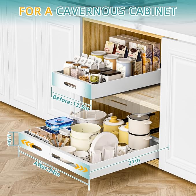 HBL' 2 Pack | 21" Deep Pull Out Cabinet Organizer Adhesive, (13.8" to 22.0") Width Expandable Sturdy Carbon Steel Roll-Out Drawers, Designed for Frameless Cabinets, Slide-Out Shelves for Pantry. - Image 2