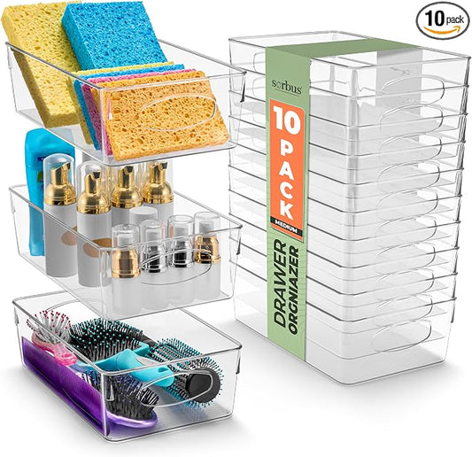 Sorbus Medium Clear Plastic Storage Bins for Organizing, 10 Pack Clear Organizer Bins with Handles Plastic Storage Bins for Closet, Pantry, Fridge, Medicine Cabinet Organizer, Shelves, Freezer, Drawer by Sorbus