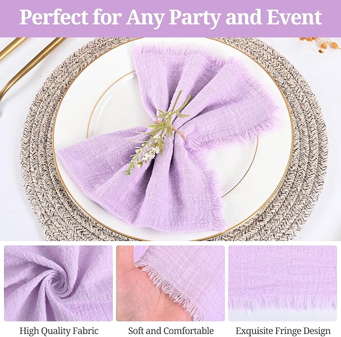 50 Pack Lavender Cloth Napkins, 16 x 16 Inch Cotton with Fringe Settings | Handmade washable reusable cotton dinner napkins in bulk for weddings, parties, rustic boho table settings - Image 5