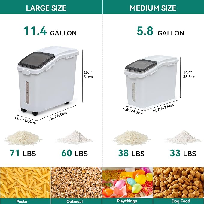 YITAHOME 65L/117lbs Rice Storage Bins, 11.4+5.8 Gal Rice Flour Storage Container with Measuring Cup,BPA Free,Scoop and Wheels for Kitchen| Flour| Pet Food| Grain,2 Counts,White & Black Lid - Image 5
