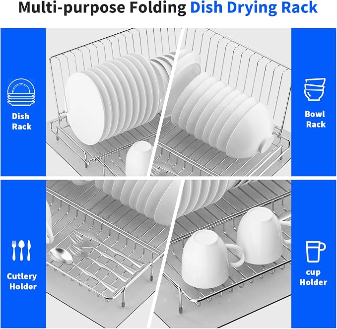 Small Dish Drying Rack Stainless Steel Collapsible | Foldable Rack Countertop with Drying Mat for Kitchen Dorm RV Campers Travel Trailer Space Saving - Image 6