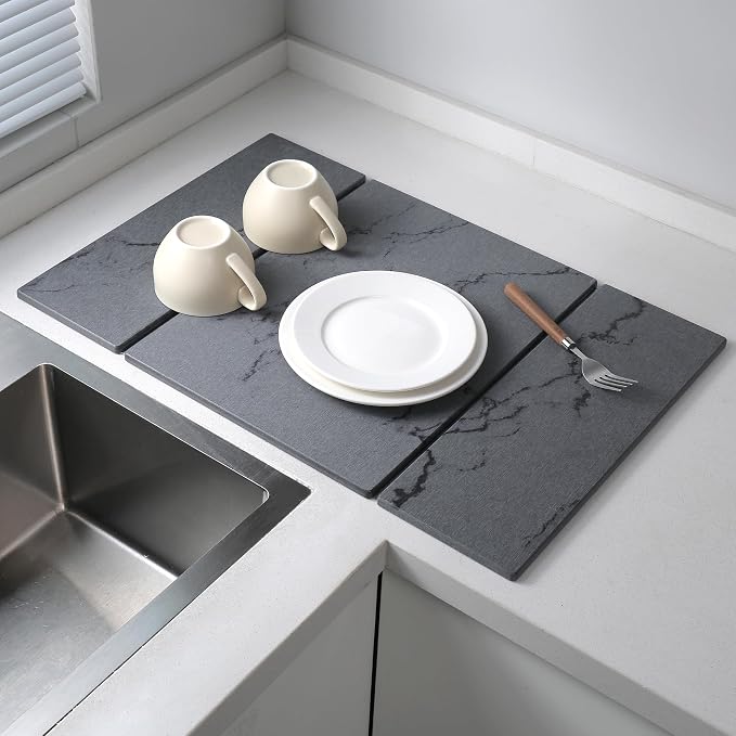 Stone Drying Mat for Kitchen Counter,Foldable (Gray (3-fold), 24" × 16") | Large Quick-Dry Diatomaceous Earth Dish Drying Mat with PU Non-Slip Base,for Bottles Cups Dishes - Image 2