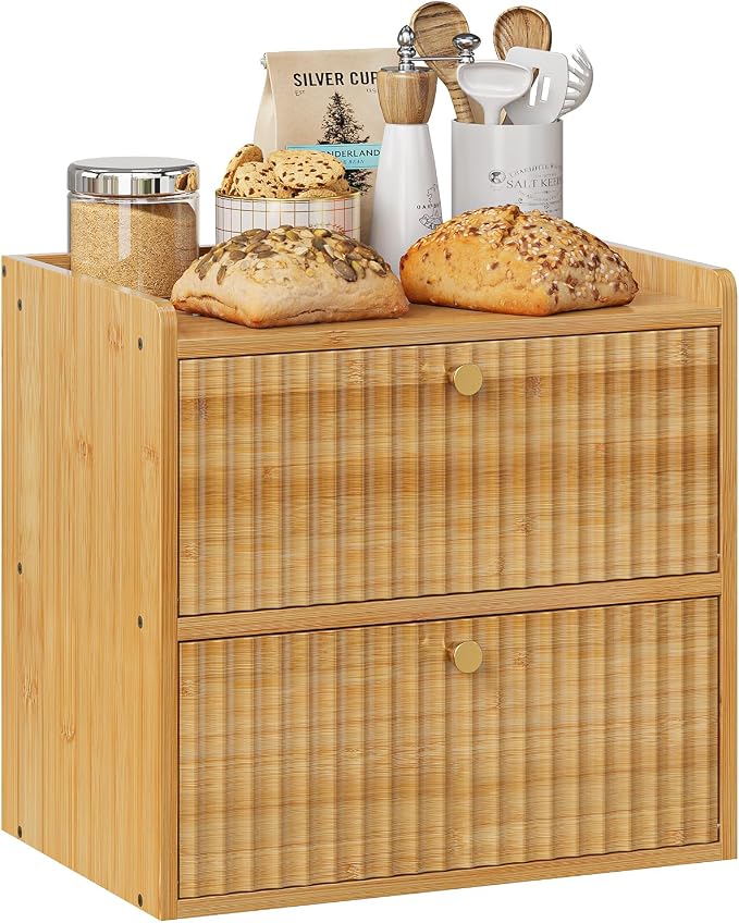 Trironsun Rustic Bread Box for Kitchen Countertop Bamboo Bread Storage Container Bin Double Layer BreadBox Farmhouse Large Capacity Food Organizer (Natural Bamboo) by TrironsunHome
