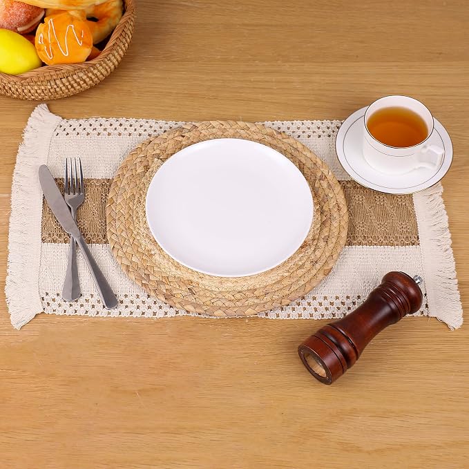 Handmade Boho Placemats Set of 4 - Natural Cotton Burlap and Water Straw Woven Combination Table Mats, Macrame Décor and Farmhouse Style Placemats, for Dining Table Kitchen - Image 3