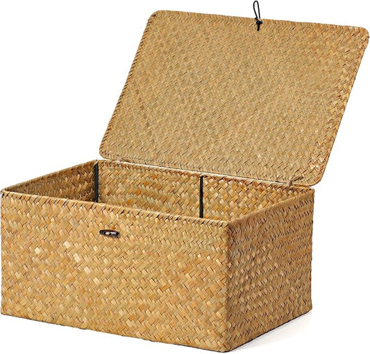 Nonam Seagrass Storage Large Basket with Lid,Wicker Basket Storage Bin with Lid for Shelves,Boho Decor,Handwoven Shelf Basket for Organizing-Storage Container Box for Home Organization-Natural by Unknown