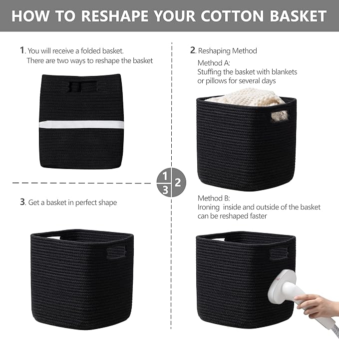 UBBCARE Set of 4 Storage Bins - 11 X 10.5 X 10.5 in, Cotton Rope Bins for Shelves, Toys, Books, Cube Storage with Handles, Woven Black Basket for Organizing - Image 7