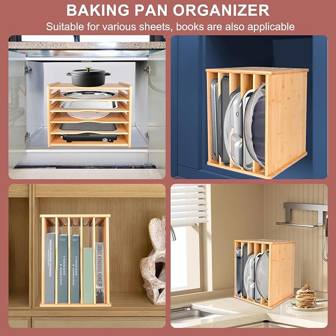 Cookie Sheet Organizer for Cabinet, 6 Tier Sheet Pan Organizer | Baking Sheet Organizers Inside Cabinet, Bamboo Kitchen Organizer for Bakeware and Cutting Board - Image 2
