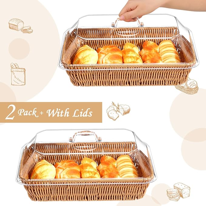 2 Set Wicker Bread Basket for Serving with Acrylic Lid Cover Imitation Rattan Bread Basket Woven for Fruit Summer Picnic BBQ Pool Party Outdoor Housewarming Gift(17.72" X 13.78") - Image 3