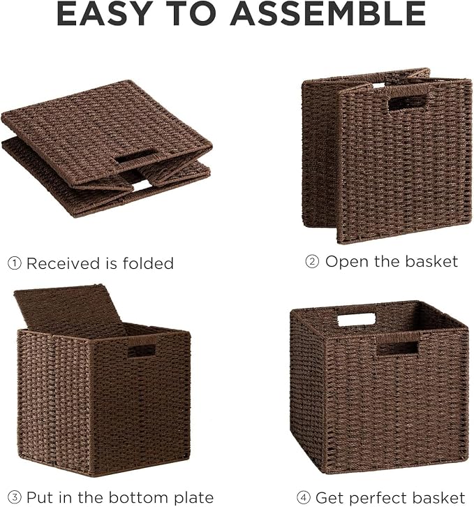 UBBCARE 2 Pack Wicker Basket, 11L×11H×10.5W inch Woven Paper Rope Storage Baskets for Shelves, Foldable Cube Storage bin with Handle, Storage Basket for Organizing & Decor, Brown - Image 7
