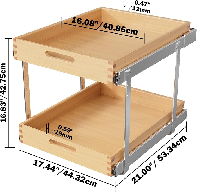 2 Tier Pull Out Drawers for Cabinets 18"W x 21"D, Farmeless&Farme | Full Slide Out Wood Drawer Shelf, Heavy Duty Caddy Pull Out Cabinet Organizer, Base Cabinet Organization for Kitchen, Pantry - Image 2