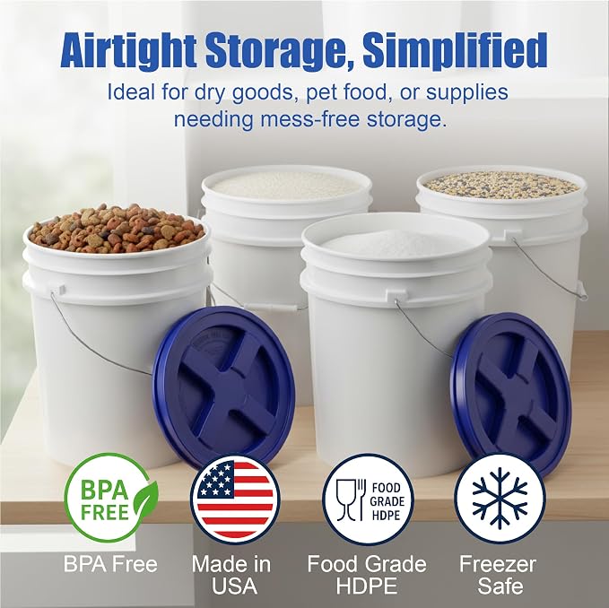 5 Gallon Bucket - Food Grade w/Lid BPA-Free, White/Blue, 6 | Airtight Gamma Seal Screw-On Lid, Heavy-Duty 90 Mil HDPE Plastic, Food Safe and Durable Container, Bulk Storage, Made in USA - Image 2