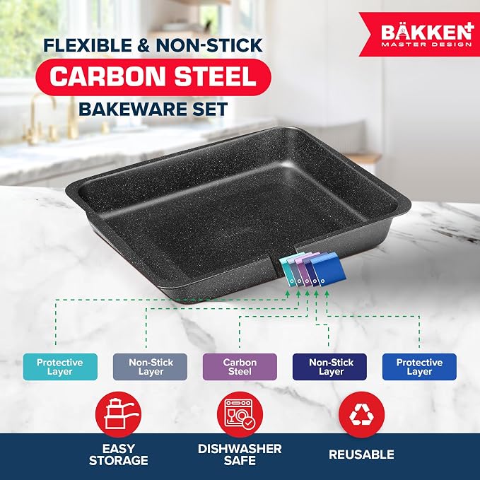 BAKKEN 6-Piece Kitchen Baking Pan Set - Commercial Grade Carbon Steel Bakeware, With Nonstick Coating, Stackable and Space-saving Design, PFOA, PFOS, PTFE Free, Oven Safe (Up To 450°F), Gray Marble - Image 3