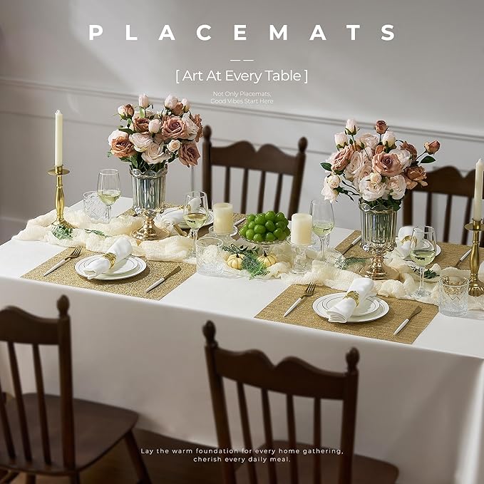 Leetaltree Gold Placemats Set of 8 - Heat Resistant Non-Slip Place mats for Dining Table, Washable Durable PVC Vinyl Woven Table Mats(Luxury Gold, 8) - Image 2