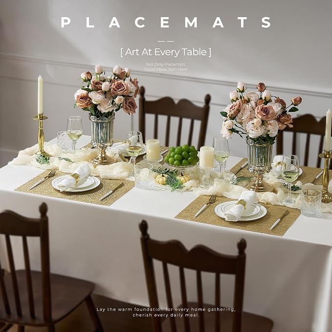 Leetaltree Gold Placemats Set of 4 - Heat Resistant Non-Slip Place mats for Dining Table, Washable Durable PVC Vinyl Woven Table Mats(Luxury Gold, 4) - Image 2