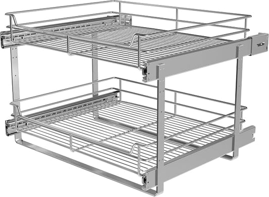 2-Tier Cabinet Pull Out Shelves, 20" W x 22" D, Chrome | Heavy-Gauge Wire Kitchen Cabinet Organizer, 100 lbs Capacity, Ball-Bearing Glides, Min 21" Opening, Pots & Pans Organizer by JOWBOOW