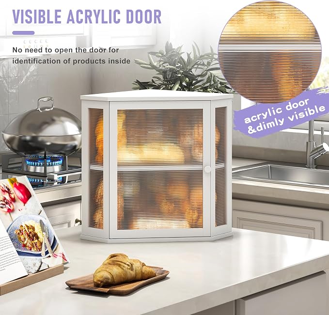 Corner Bread Box for Kitchen Countertop, Farmhouse Style with Acrylic Wavy Door Panel White Counter Bread boxes, Extra Large Food Storage Container - Image 4