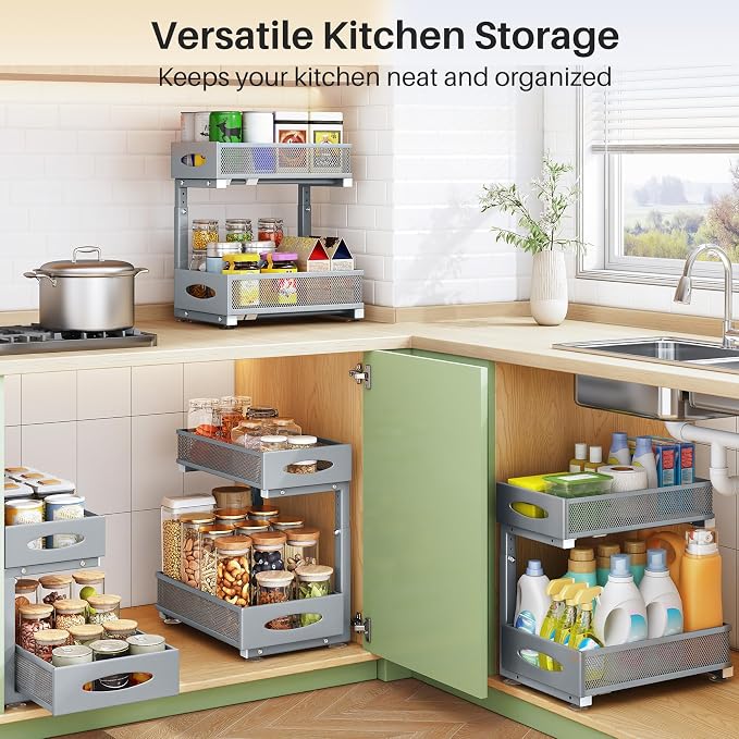 1 Pack Under Sink Organizer, 2 Tier Pull out Cabinet Organizer Mesh Baskets with 5 Adjustable Heights, Sliding Drawers Storage Shelf for Home, Kitchen, Bathroom, Pantry, Office, Countertop ,Grey - Image 8