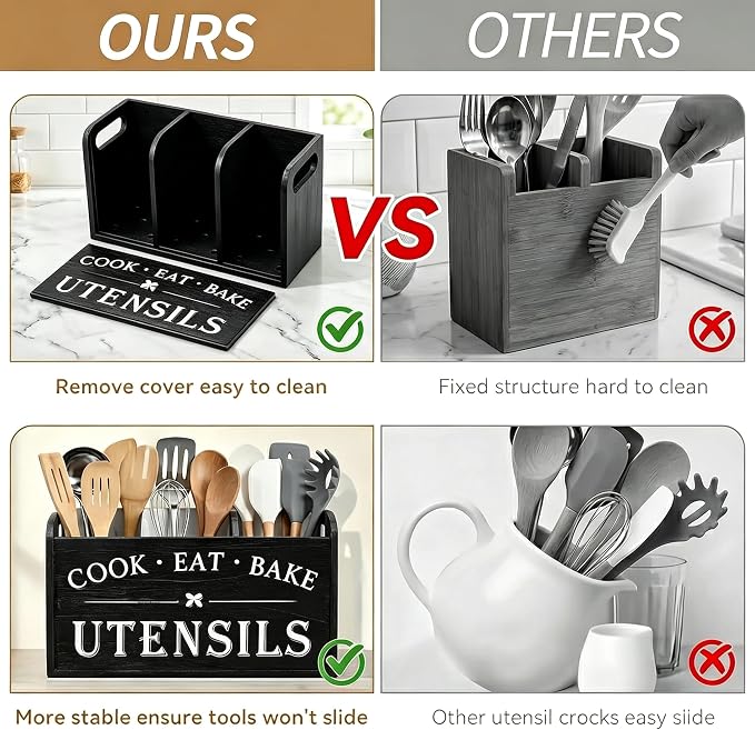 A CENTER Rustic Wooden Utensil Holder for Kitchen Counter Decor | Extra Large Kitchen Utensil Holder Silverware Caddy Farmhouse Wood Cutlery Holder Cooking Utensil Stand-Black - Image 5