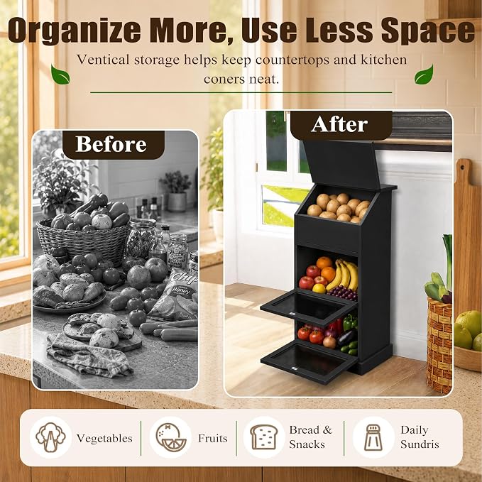 Potato and Onion Storage Bin with Lid, 3-Tier Vegetable Storage, Wooden Rustic Bread Box Cabinet for Fruit and Vegetable, Food Storage Containers Cabinet for Kitchen Pantry (Black) - Image 6