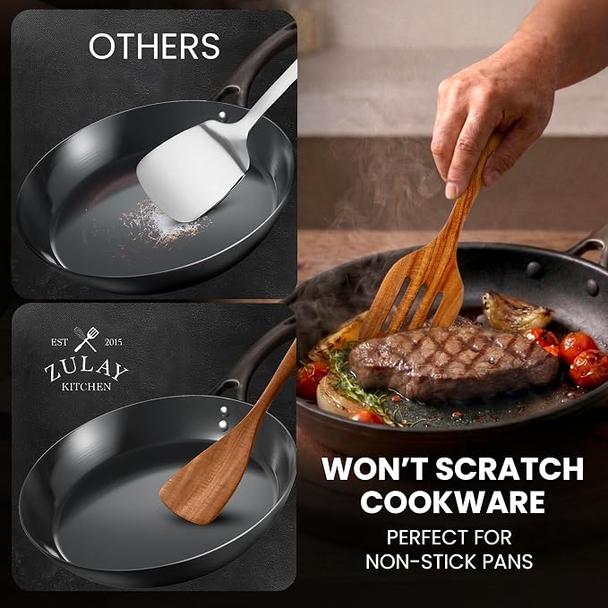 Zulay Kitchen Extra-Large 5-Piece Wooden Spoon Set - Smooth Teak Cooking Utensils - Comfort-Grip Non-Stick Turner, Spatula, Skimmer, Fork, Serving Spoon - Image 8