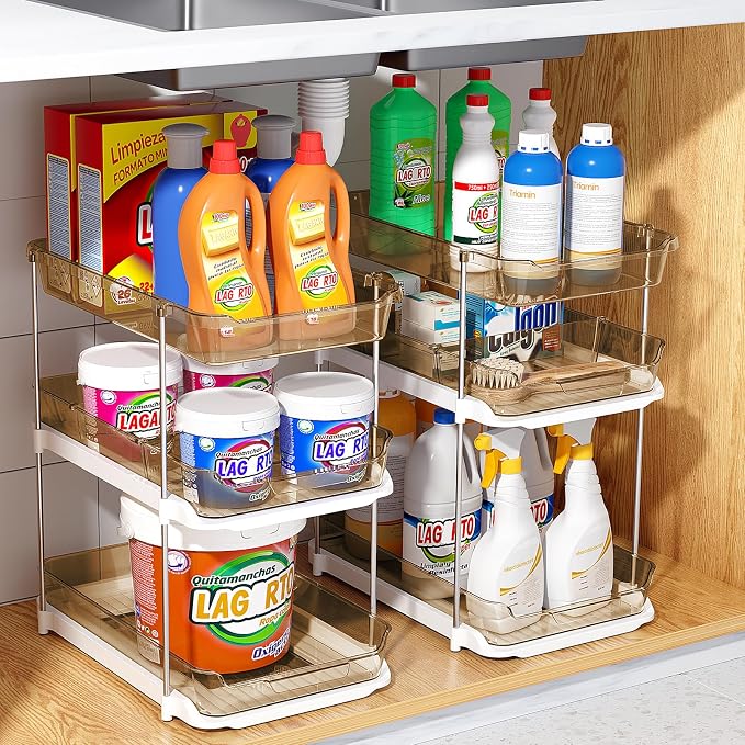 Delamu 2 Pack 3-Tier Bathroom Under Sink Organizers and Storage, Multi-Purpose Stackable Pantry Organization and Storage, Pull Out Clear Kitchen Bathroom Cabinet Organizer with Movable Dividers, Amber - Image 7