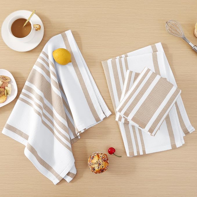 Homaxy Premium Cotton Stripe Kitchen Towels 8 Pack, 18"x 28", Khaki | Large 380 GSM Kitchen Hand Towels, Soft Terry Dish Towels, Highly Absorbent Tea Towel Set with Hanging Loop - Image 6