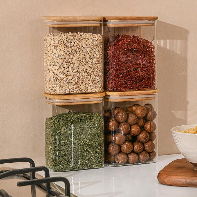 D2scrma 37oz Rectangle Airtight Glass Storage Containers with Bamboo Lids (Set of 6), Square Food Storage Jar, Pantry Organizers for Cereal, Nuts, Snacks and Coffee beans (‎with Black Lable) - Image 7