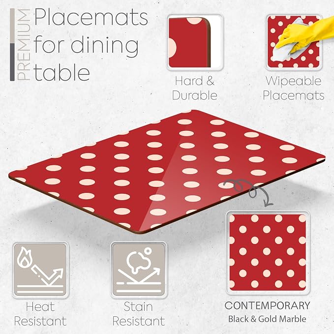 Set of 4 Heat Resistant Cork Placemats for Dining Table with Free Set of 4 Matching Drink Coasters Cream & Red Polkadot Design 16 x 12 Inches Cork Backed Hard Placemats (Red Polkadot) - Image 2