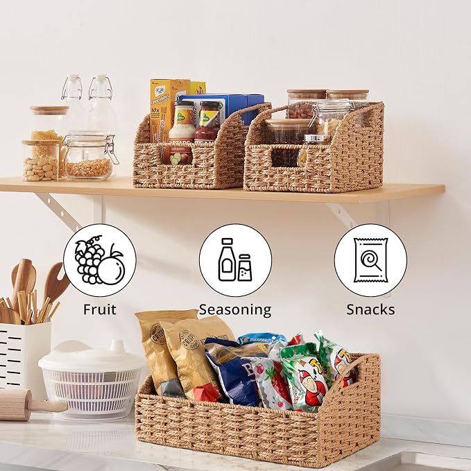 OIAHOMY Pantry Baskets for Organizing, Paper Rope Baskets with Built-in Handles, Wicker Storage Baskets for Shelves, 3 Pack-Yellow - Image 5
