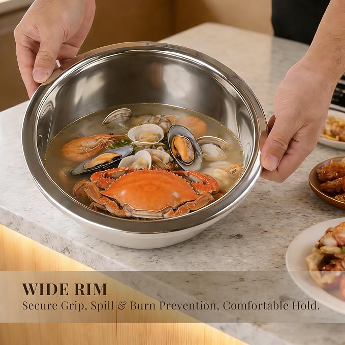 3-Piece Metal Mixing Bowl Set, Stainless Steel, Nesting | 1.3, 3.5 and 7.4 qt sizes with wide rolled rims, flat bases and deep bowls for baking, dough and salad prep - Image 2