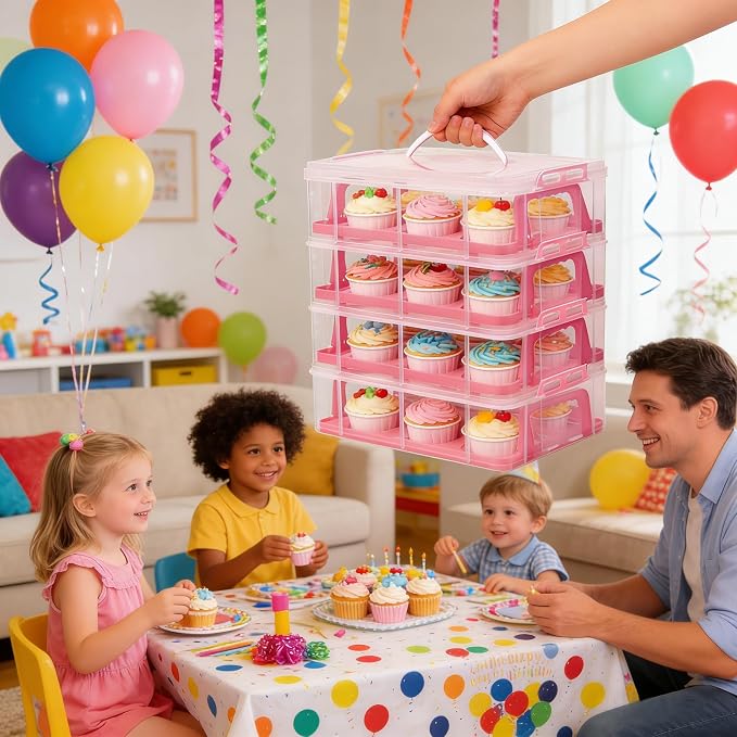 Cupcake Carrier Stackable Storage Container Collapsible Cake Carrier with Lid and Handle, with 50 PCS Cupcake liners,Reusable Plastic Dessert Travel Container,Transport Box (48 Cupcakes Pink) - Image 6