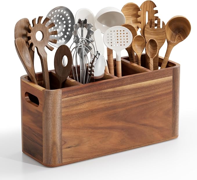 ZUJJAFY Utensil Holder, Acacia Wood Kitchen Utensil Holder for Counter with 4 Compartments, Extra Large Wooden Kitchen Utensils Organizer for Countertop Cooking Spatula Storage by ZUJJAFY