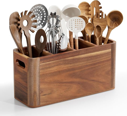 ZUJJAFY Utensil Holder, Acacia Wood Kitchen Utensil Holder for Counter with 4 Compartments, Extra Large Wooden Kitchen Utensils Organizer for Countertop Cooking Spatula Storage by ZUJJAFY