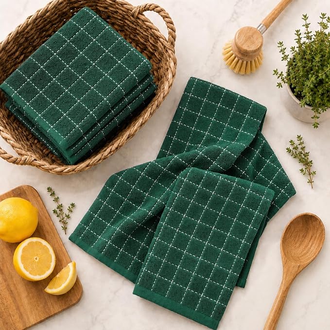 Kitinjoy 100% Cotton Terry Kitchen Towels, 13”x 28”, 6-Pack, Dark Green | Checkered Designed, Ultra Soft Absorbent Quick Drying Dish Towels - Image 9
