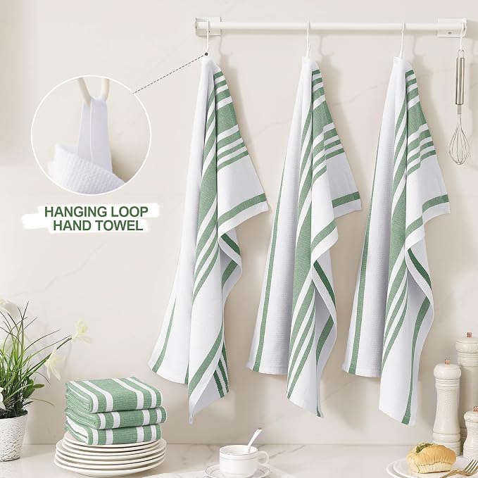 Homaxy Premium Cotton Stripe Kitchen Towels 3 Pack, 18"x 28", Grass Green | Large 380 GSM Kitchen Hand Towels, Soft Terry Dish Towels, Highly Absorbent Tea Towel Set with Hanging Loop - Image 3