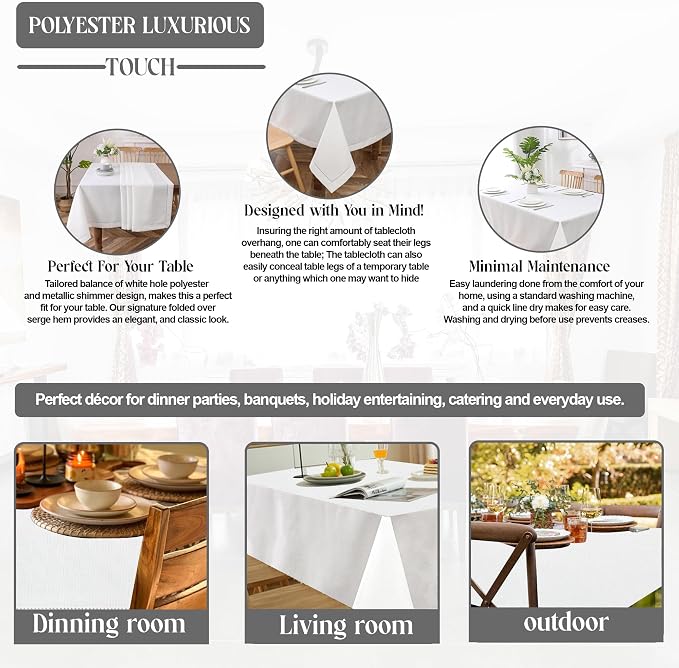 Majestic Giftware Linen Look Polyester Tablecloths for Rectangle Tables | (70/220) - TC1551 White with Hole Design Etched at Seam Table Cover | Decorative Washable Tablecloth for Kitchen & Dining - Image 4