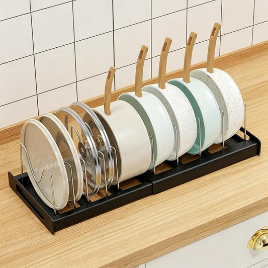 Nigelia Pots and Pans Organizer for Under Cabinet 22" Expandable Food Storage Container Lid Organizers with 10 Adjustable Dividers Pot and Pan Lid Holders Rack Inside Cabinet&Kitchen Countertop(Black) by Nigelia