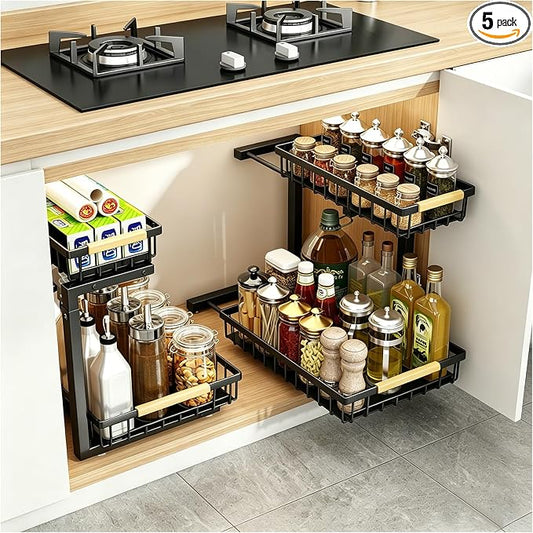 2 Pack Under Sink Organizer, 2-Tier Pull Out Kitchen Cabinet Organizer, Height Adjustable Metal Slide Out Bathroom Organizers and Storage Makeup Drawer Organizer for Office Bedroom (B-Black, 2Pack) by EGBULL