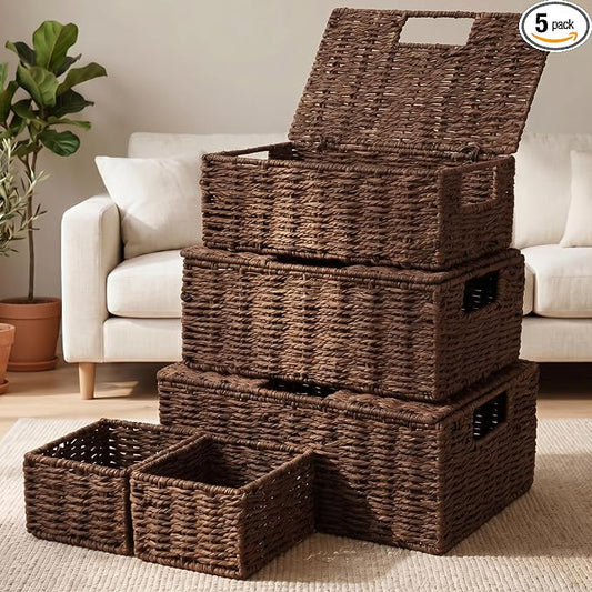 Yookeer 5 Pcs Woven Paper Rope Storage Baskets with Lid and Handles, Brown Large Storage Organizer with Labels, Stackable Rectangular Boho Decorative Baskets for Toys Shelves Bedroom by Yookeer