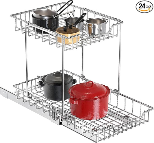 Simple Houseware 2-Tier (L+L) Pull Out Under Cabinet Sliding Shelf, Chrome | for Kitchen Organizer by SimpleHouseware